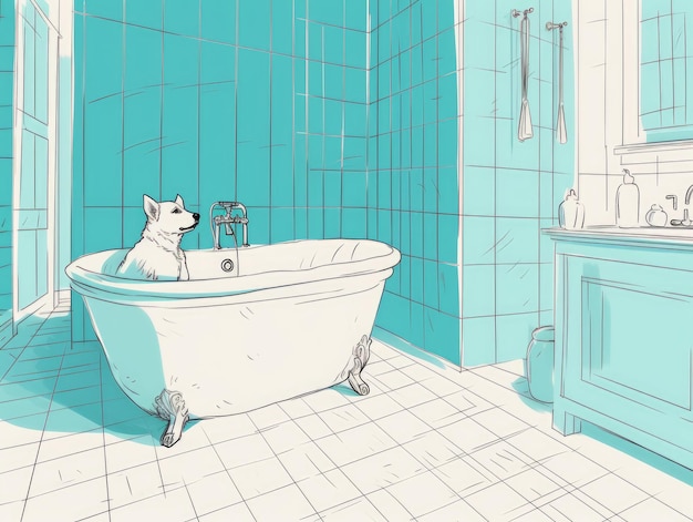 Turquoise Bathtub Oneline Drawing Of A Sleeping Dog