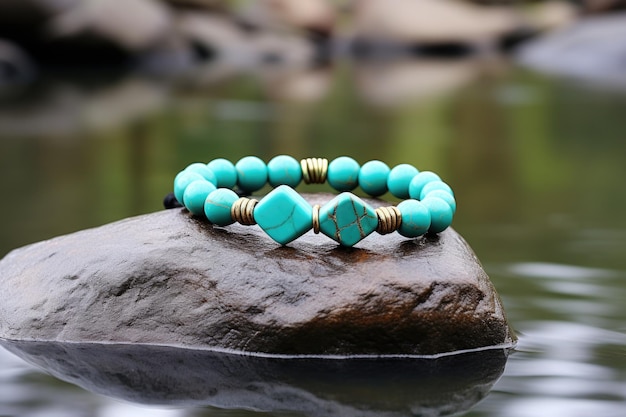 Photo a turquoise beaded bracelet resting on a smooth river stone