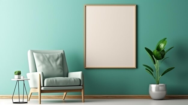 Turquoise blank poster on beige wall and armchair