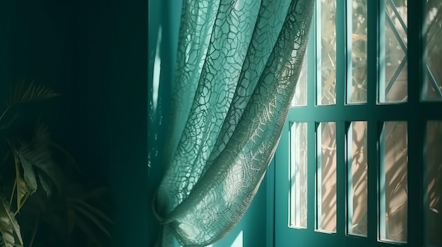 Turquoise blauw gordijngordijn in zonlicht raamrooster Generatieve ai