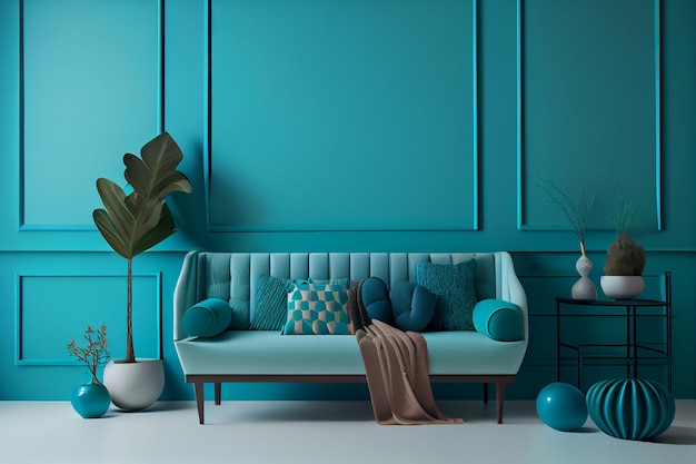 Turquoise blauwe muur met meubelgeneratieve ai