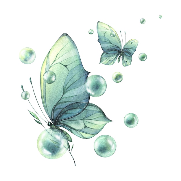 Turquoise blue butterflies with bubbles gentle side view sitting on a branch Watercolor illustration hand drawn Composition on white background