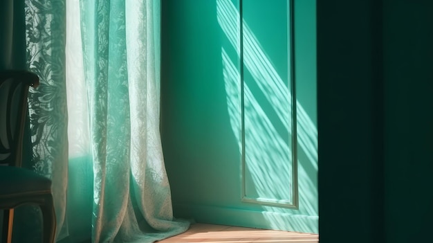 Turquoise blue curtain drape in sunlight window grill Generative ai