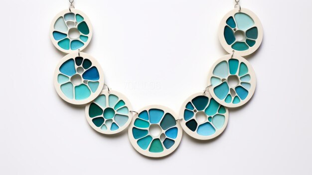 Photo turquoise blue glass circle necklace with wood veneer mosaic design