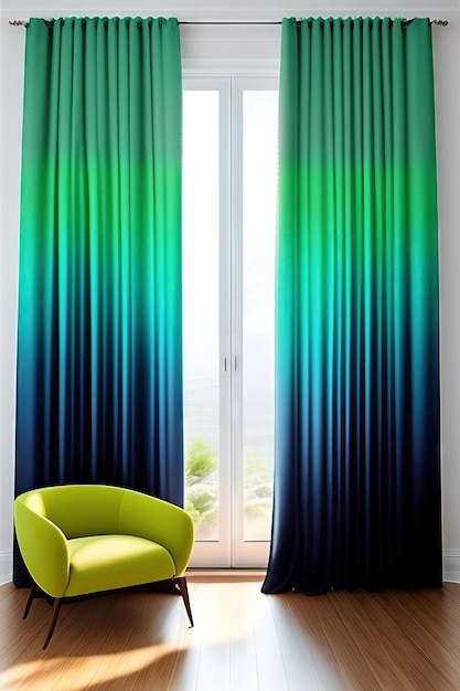 파스텔 녹색 벽에 햇빛 창 그릴 그림자에 청록색 파란색 그라데이션 타이 염료 커튼 드레이프