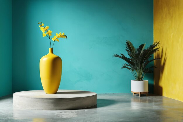 Бирюзовая керамическая ваза на минималистском зеленом фоне