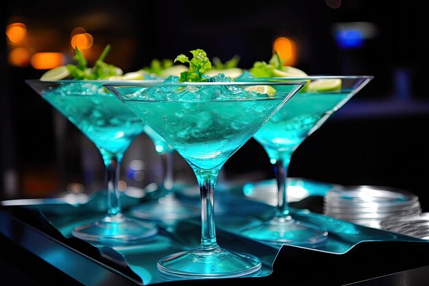 Turquoise cocktails with lime and mint on a plate