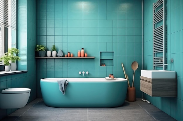 Turquoise color minimal design decoration modern bathroom interior