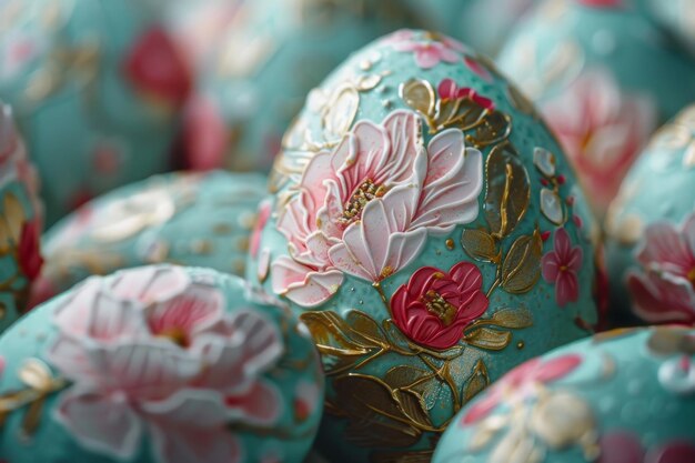 Turquoise Easter Eggs with Golden Floral Embellishments