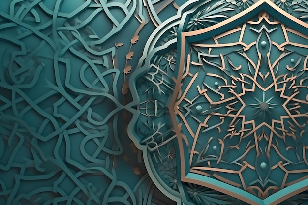 A turquoise and gold wallpaper with a pattern of shapes and lines.