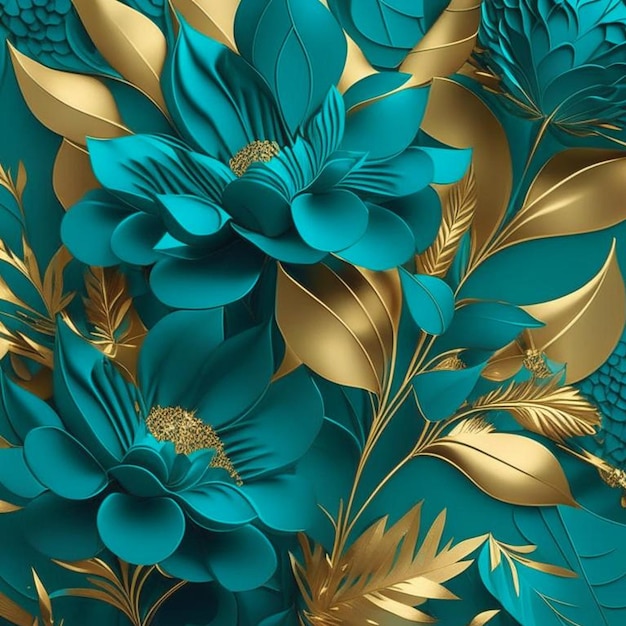 Turquoise and golden abstract flower Illustration for prints wall art cover and invitation