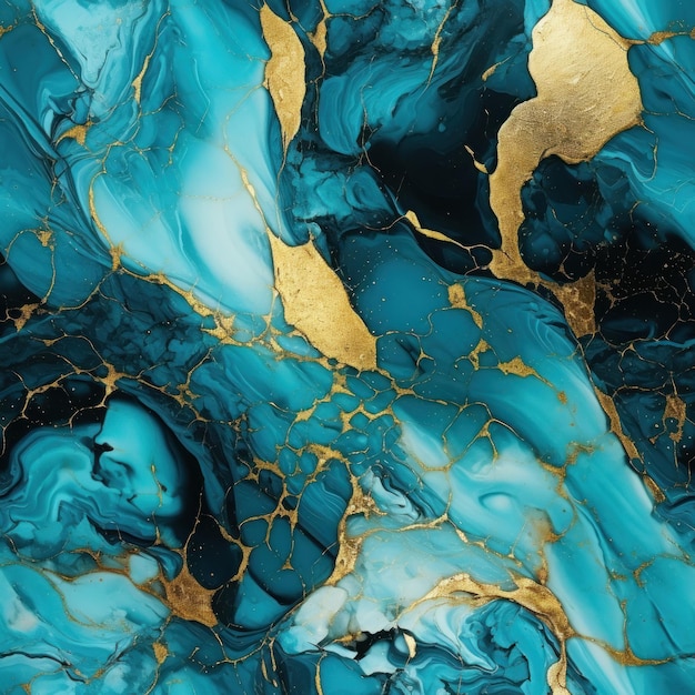 Turquoise and golden marble fluid art style seamless pattern