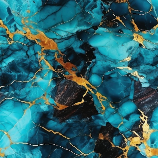 Turquoise and golden marble fluid art style seamless pattern