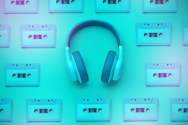 Turquoise headphones with audio cassettes