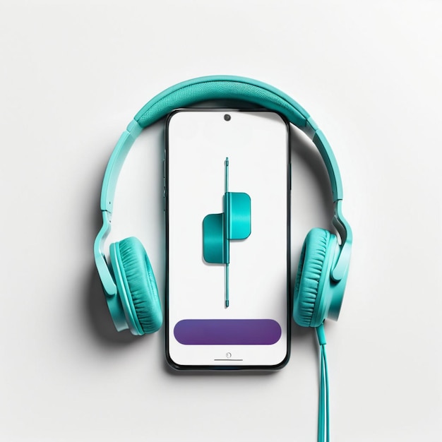 Photo turquoise headphones with phone on white background