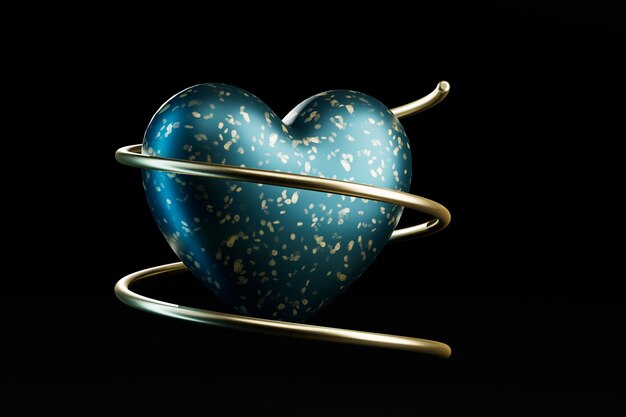 Turquoise heart with a gold ribbon on a black background 3D render