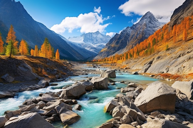 Turquoise katun river in gorge is surrounded by high mountains under majestic autumn sky a stormy