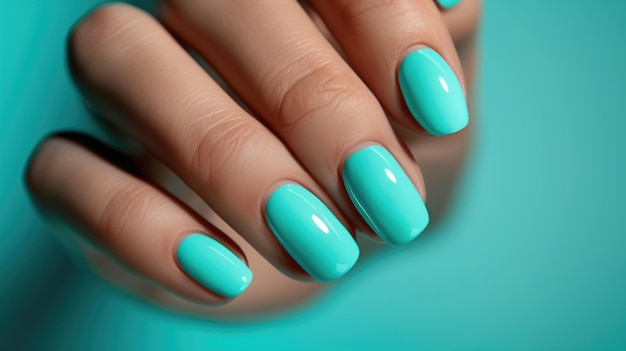 Turquoise manicure on a womans hand