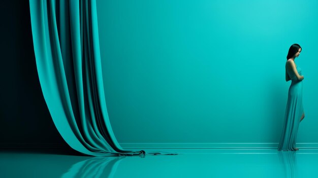 Turquoise Minimalism A Captivating Image Of A Woman Facing A Curtain