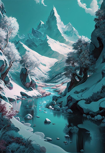 Turquoise mountains landscape generated by artificial intelligence