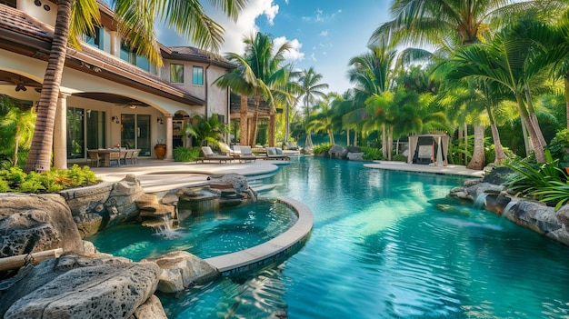 Turquoise Pool Surrounded by Palm Trees Next to a House