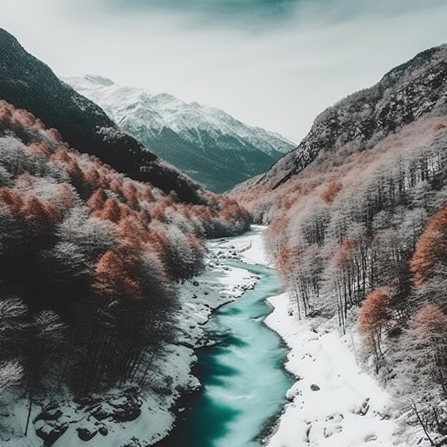 A turquoise river running through a wintery mountain forest and trees covered in snow