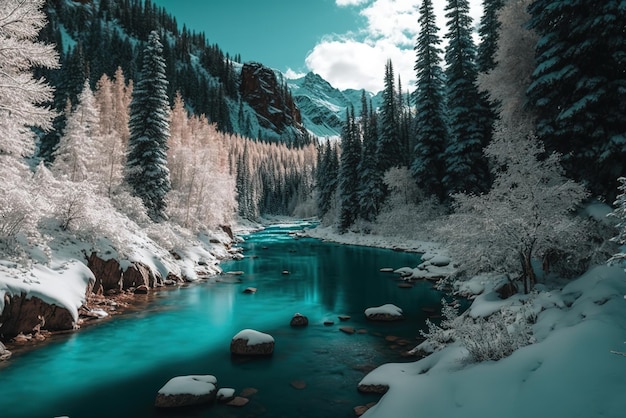겨울 산 숲과 눈으로 덮인 나무를 흐르는 청록색 강