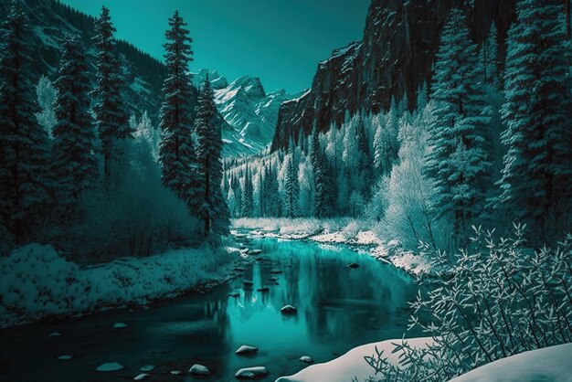 A turquoise river running through a wintery mountain forest and trees covered in snow