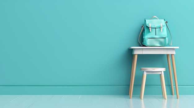 Turquoise rugzak op een wit bureau tegen een blauwe muur Minimalistische stijl moderne interieurontwerp Ideaal beeld voor backtoschool thema's AI