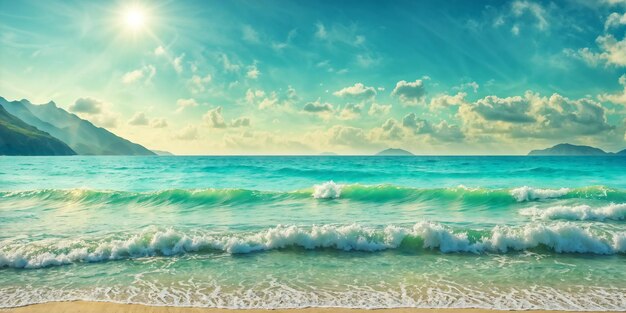 Turquoise sea and blue sunny sky background