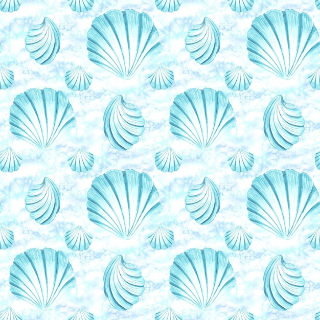 Turquoise seashells of scallops hung on rope watercolor seamless pattern hand drawn