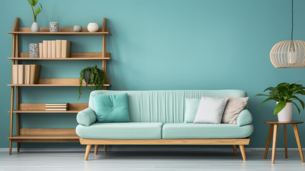 Turquoise sofa and wooden shelves near a turquoise wall The interior design of the Scandinavianstyle living room is modern and stylish