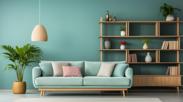 ターコイズブルーのソファとターコイズブルーの壁の近くの木製棚スカンジナビアスタイルのリビングルームのインテリアデザインはモダンでスタイリッシュです