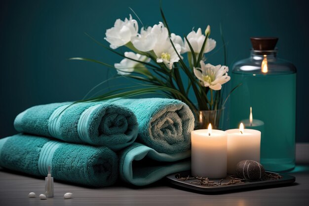 Turquoise towels with jars of cream and candles in the interior of a luxury spa salon