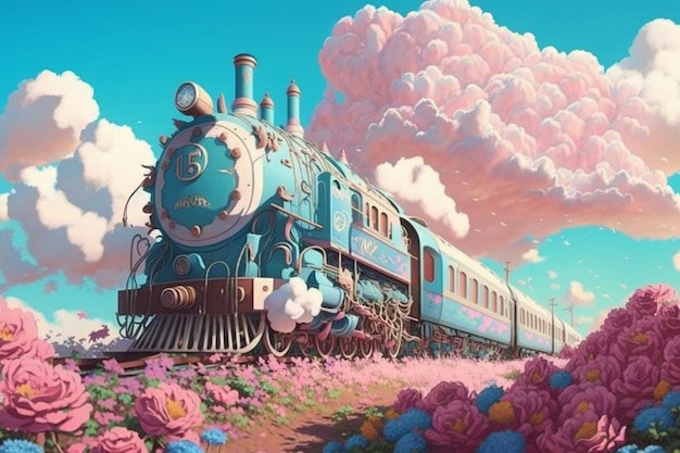 Turquoise train and pink roses