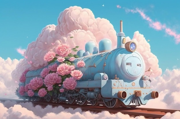 Photo turquoise train and pink roses