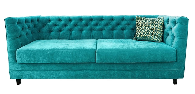 Turquoise velor sofa with pillow Soft emerald couch Isolated background