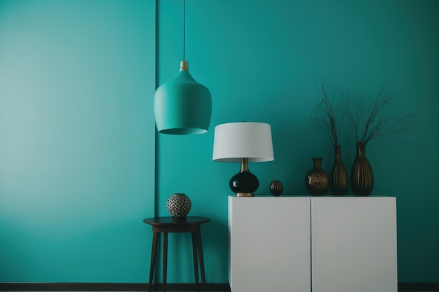 Turquoise wall contemporary lighting and handcrafted embellishments decorate a blank wall and floor