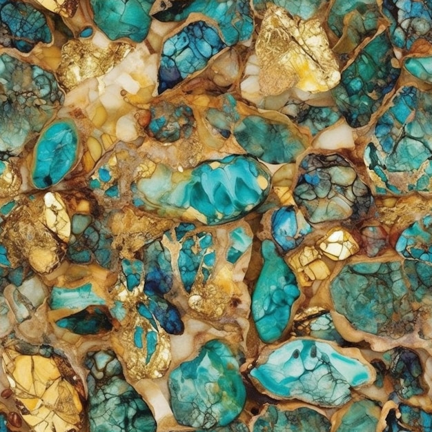 Turquoise wallpaper with gold and turquoise pieces.