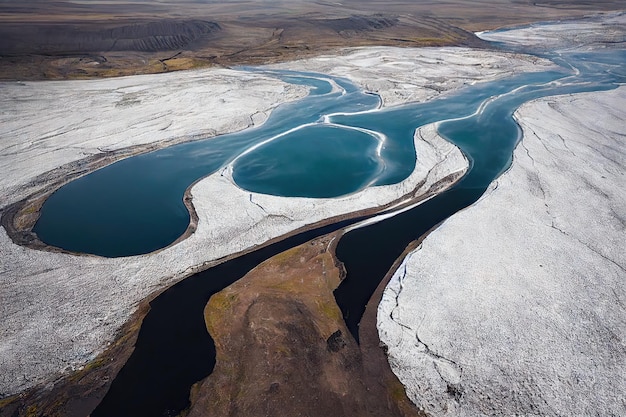 Turquoise water and white snow on Iceland aerial river