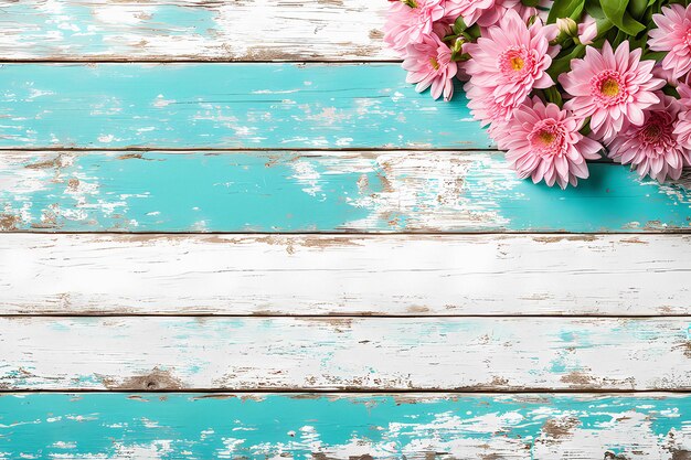 Turquoise Wood Texture with Spring Flowers