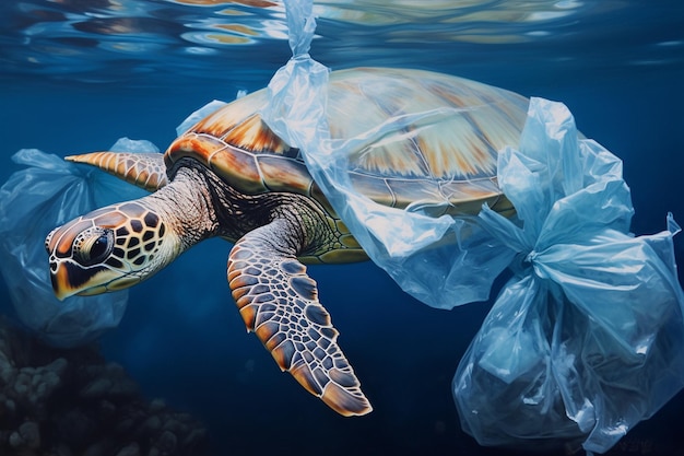 Photo turtle amidst plastic pollution under the sea