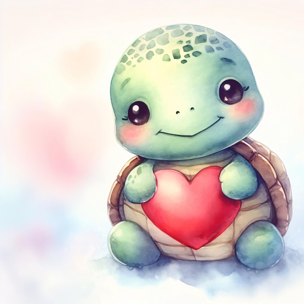 Turtle Animal holding a Red Heart Love card Illustration