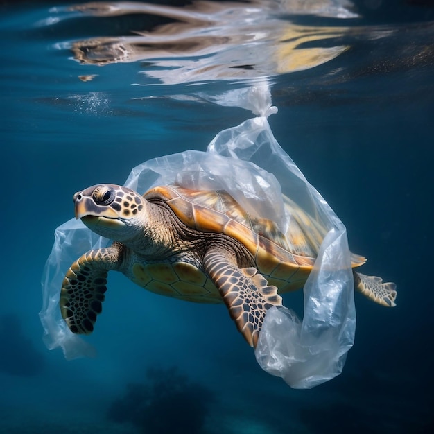 Foto le tartarughe sono intrappolate dalla plastica nell'oceano.