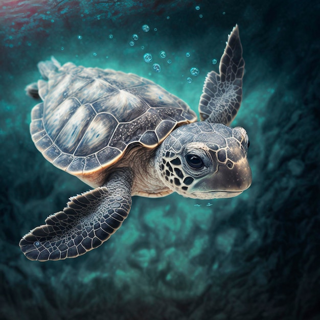 a turtle baby in the sea, reef background,
