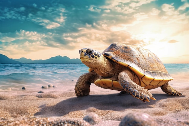 turtle on the beach sea in background