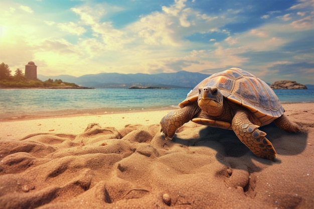 turtle on the beach sea in background