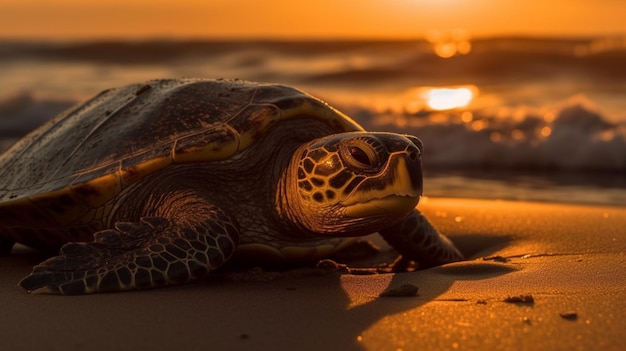 A turtle on the beach at sunset