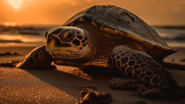 A turtle on the beach at sunset