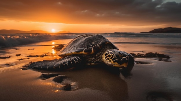 A turtle on the beach at sunset